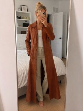 Real Leather Cognac Brown Long Leather Duster Coat